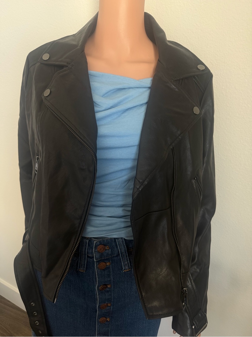 Elodie Black Faux Leather Moto Jacket with Zip Details